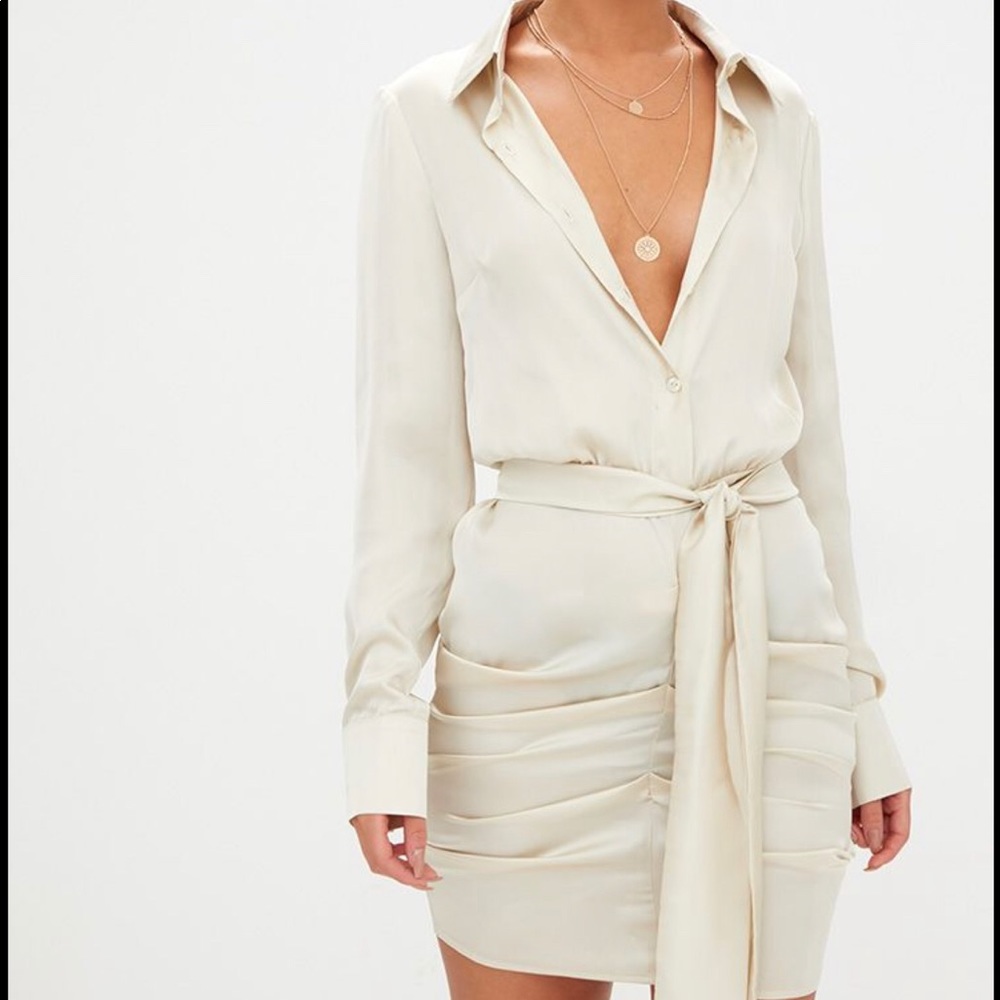 Champagne Satin Ruched Shirt Dress